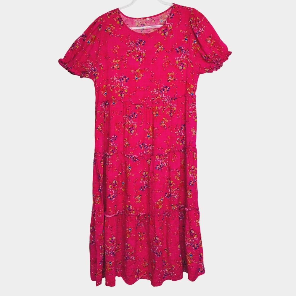 Womens L Floral Tiered‎ Midi Dress Hot Pink Short Puff Sleeve Cotton Rayon Blend